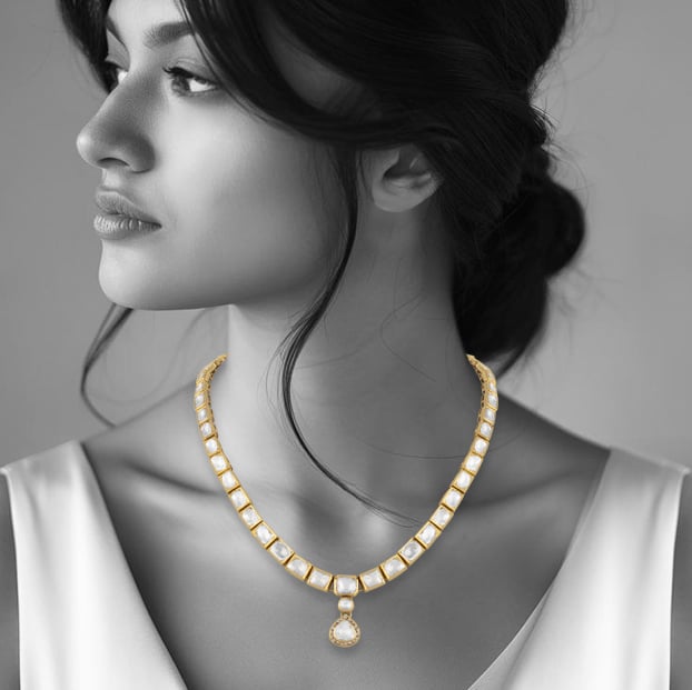 Square Polki Linear Necklace with Drop Pendant